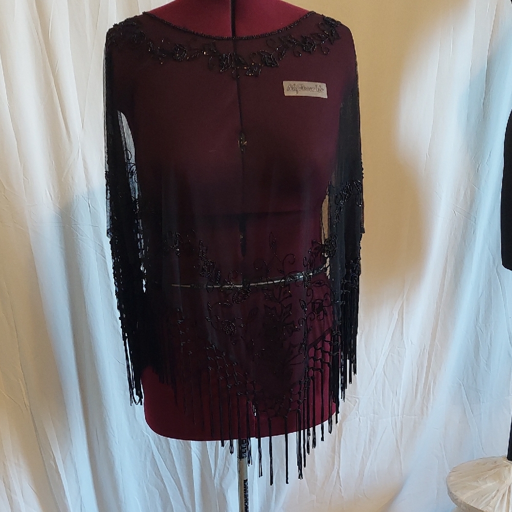 Black Beaded and fringed Women's cape shawl size OS